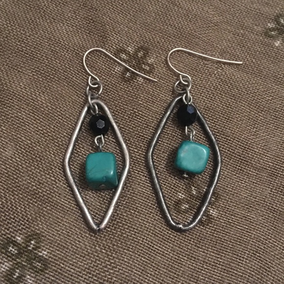 Vintage Turquoise Blue Dangle Bead and Distressed Silver Hook Earrings - Picture 1 of 4